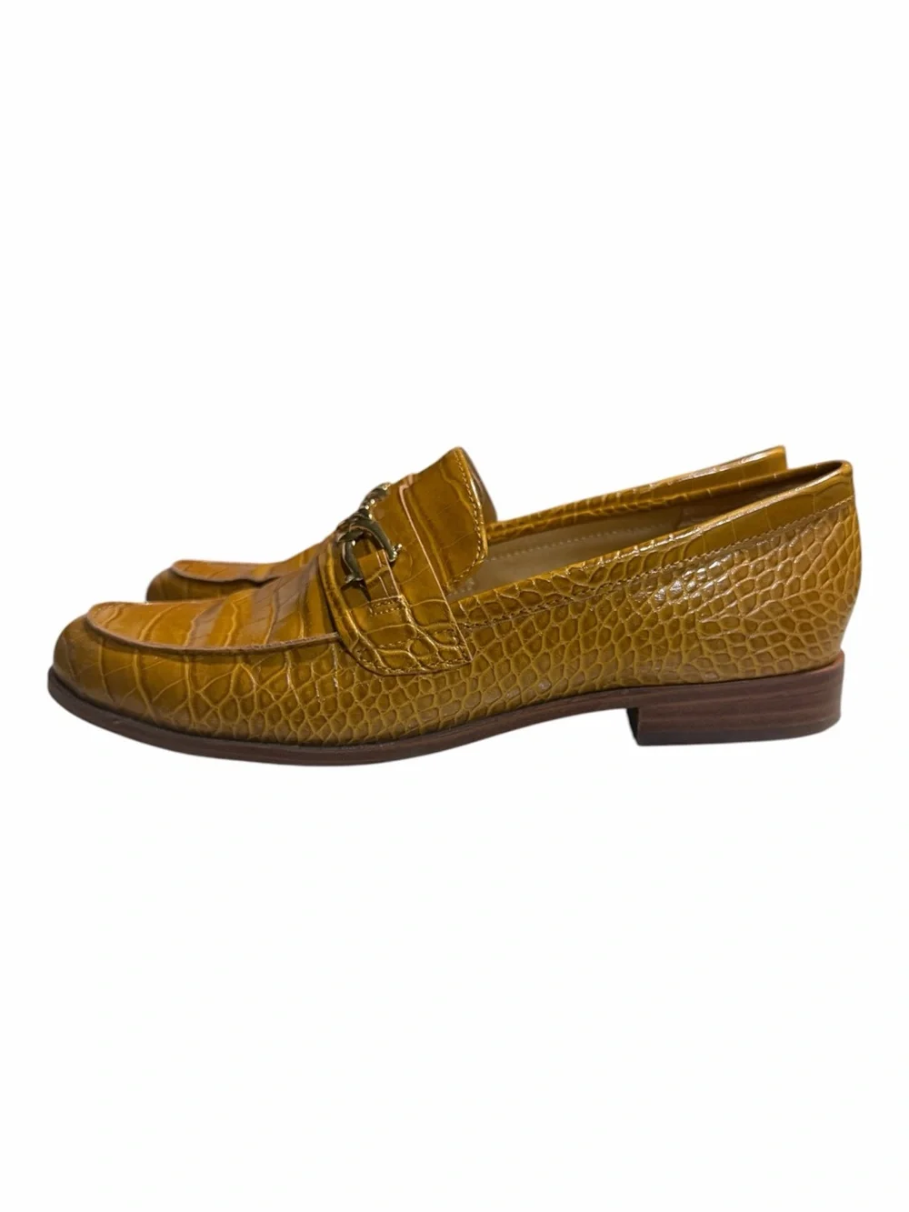 Nine West women’s  Cognac Croc-Embossed Loafers with Chain Accent